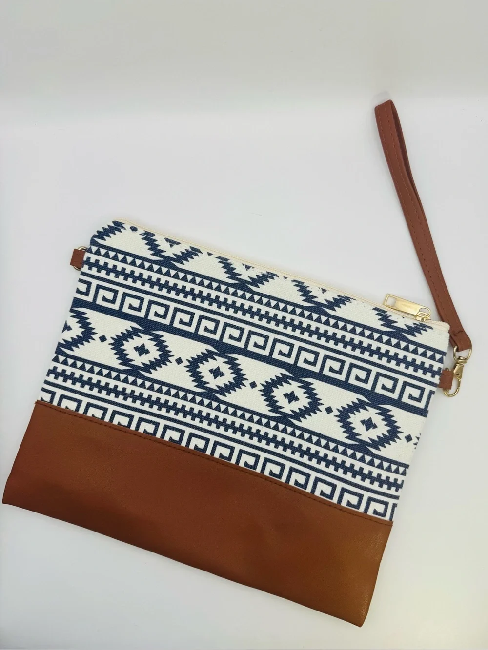 Aztec Crossbody & Wristlet Bag  Navy and White with Faux Leather Accents
